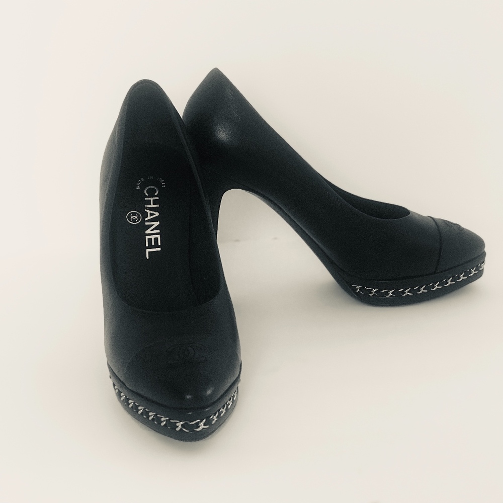 CHANEL Lambskin CC Cap Toe Platform Chain Pumps 37